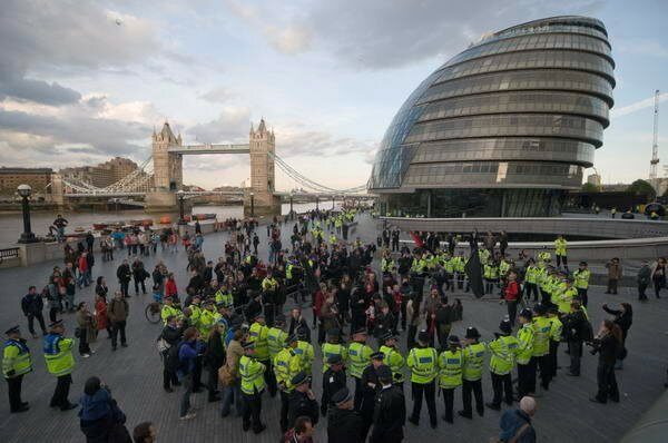 Police surround protesters at City Hall after election of Boris, May 2008, by Peter Marshall